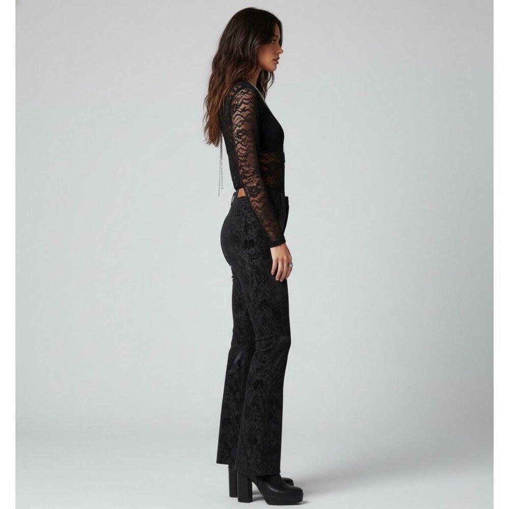 Y2K Black Floral Velvet Mid Rise Flare Jeans | Mob Wife Dark Academia Whimsigoth - Picture 5 of 10